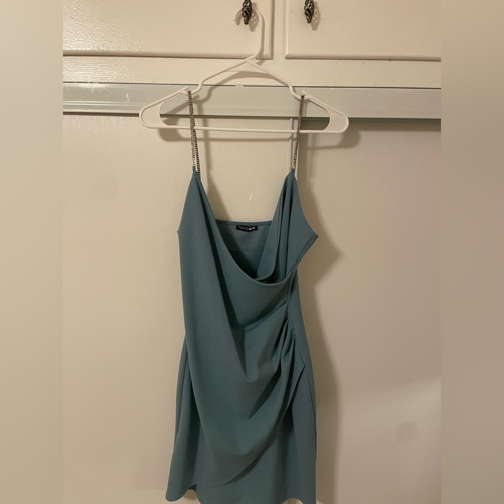 Blue mini dress worn once with rhinestone straps